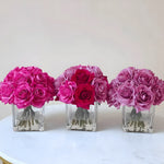 Faux Purple Silk Rose Centerpiece in Fake Water, purple silk roses in a clear acrylic water-effect bowl arrangement