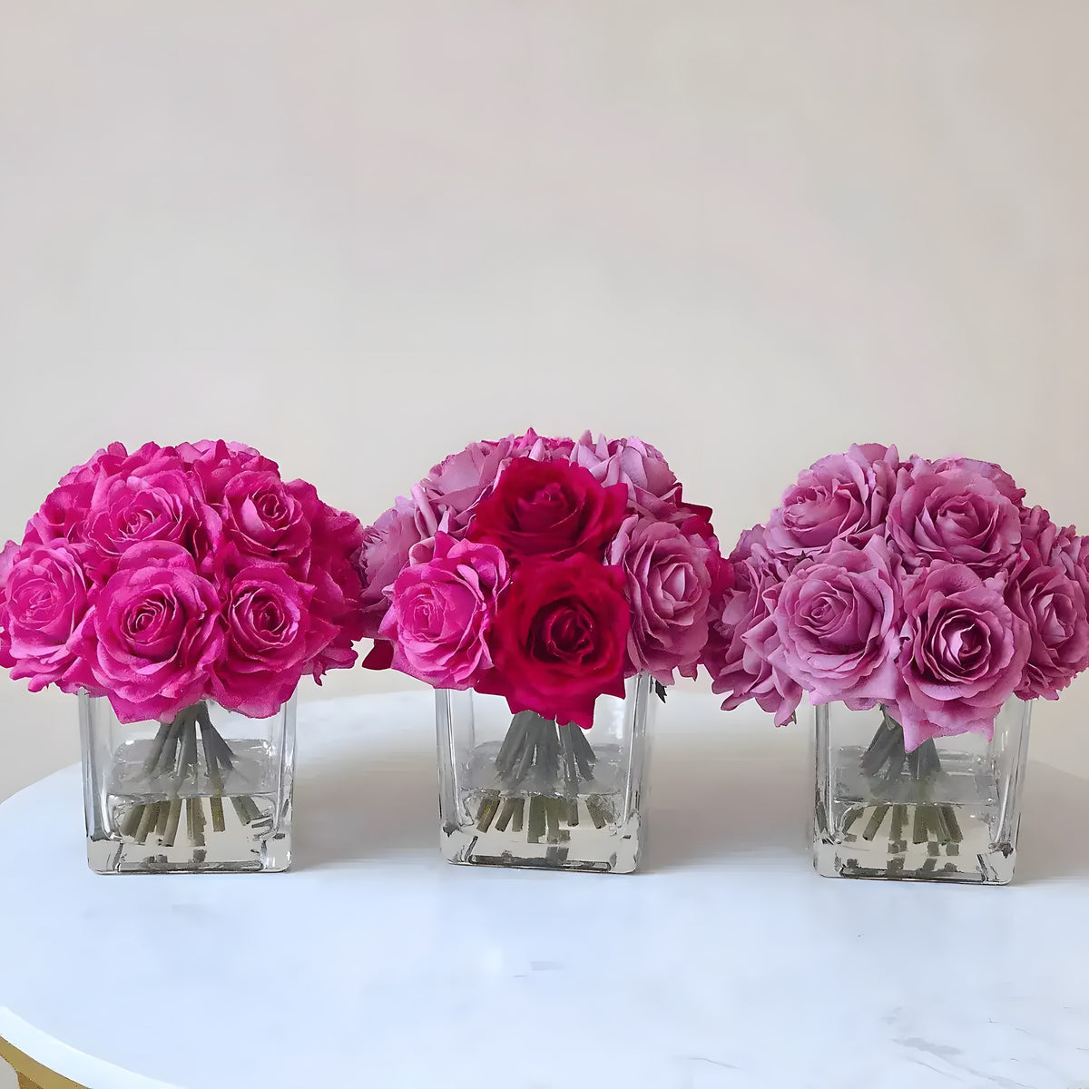 Faux Purple Silk Rose Centerpiece in Fake Water, purple silk roses in a clear acrylic water-effect bowl arrangement
