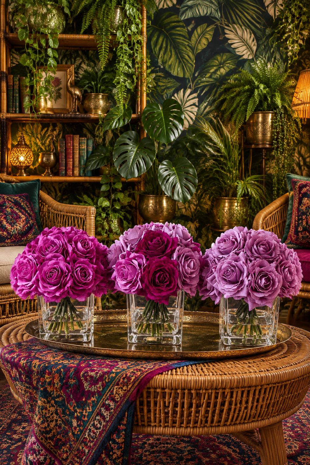 Faux Purple Silk Rose Centerpiece Arrangement in Fake Water
