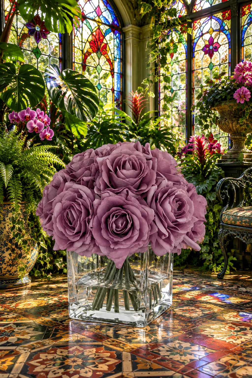 Real Touch Artificial Faux Purple Gray Silk Rose Centerpiece Arrangement in Fake Water