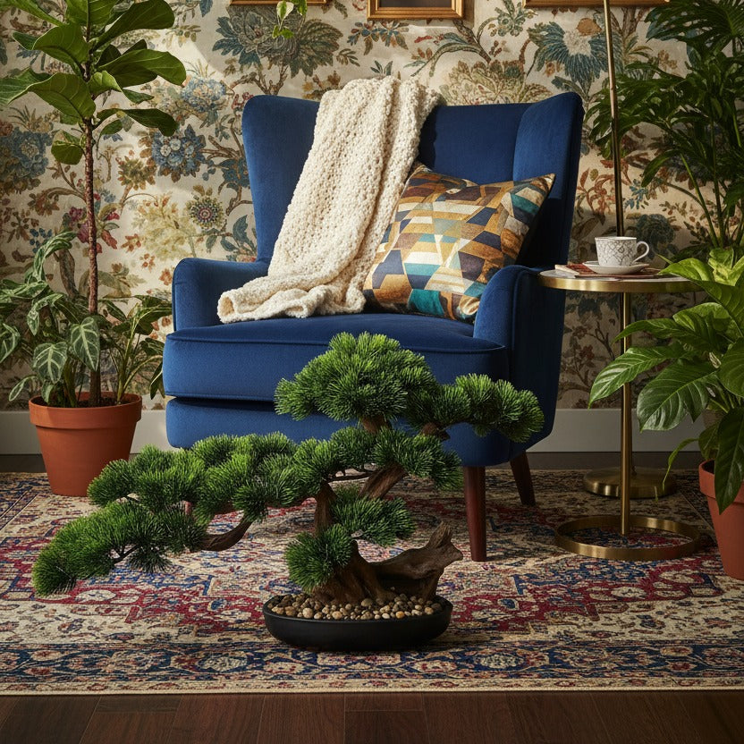 Artificial Bonsai Arrangement with Real Tree Trunk styled in a room setting