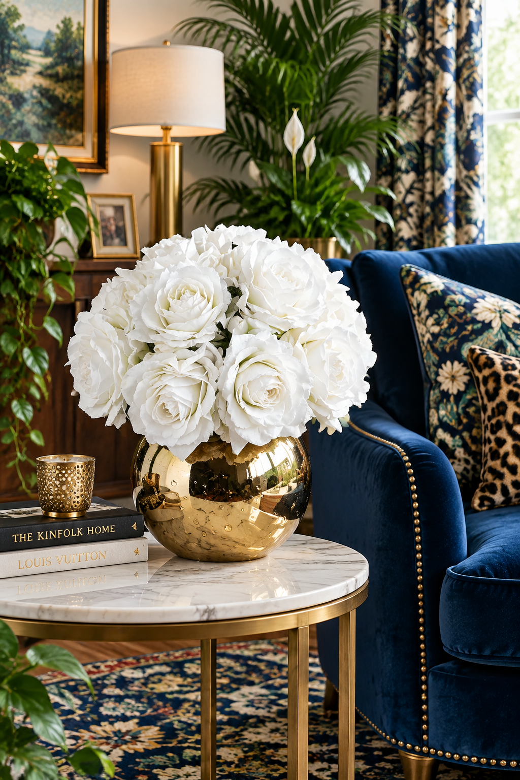 Real Touch Luxury Artificial White Rose Arrangement in Golden Pot