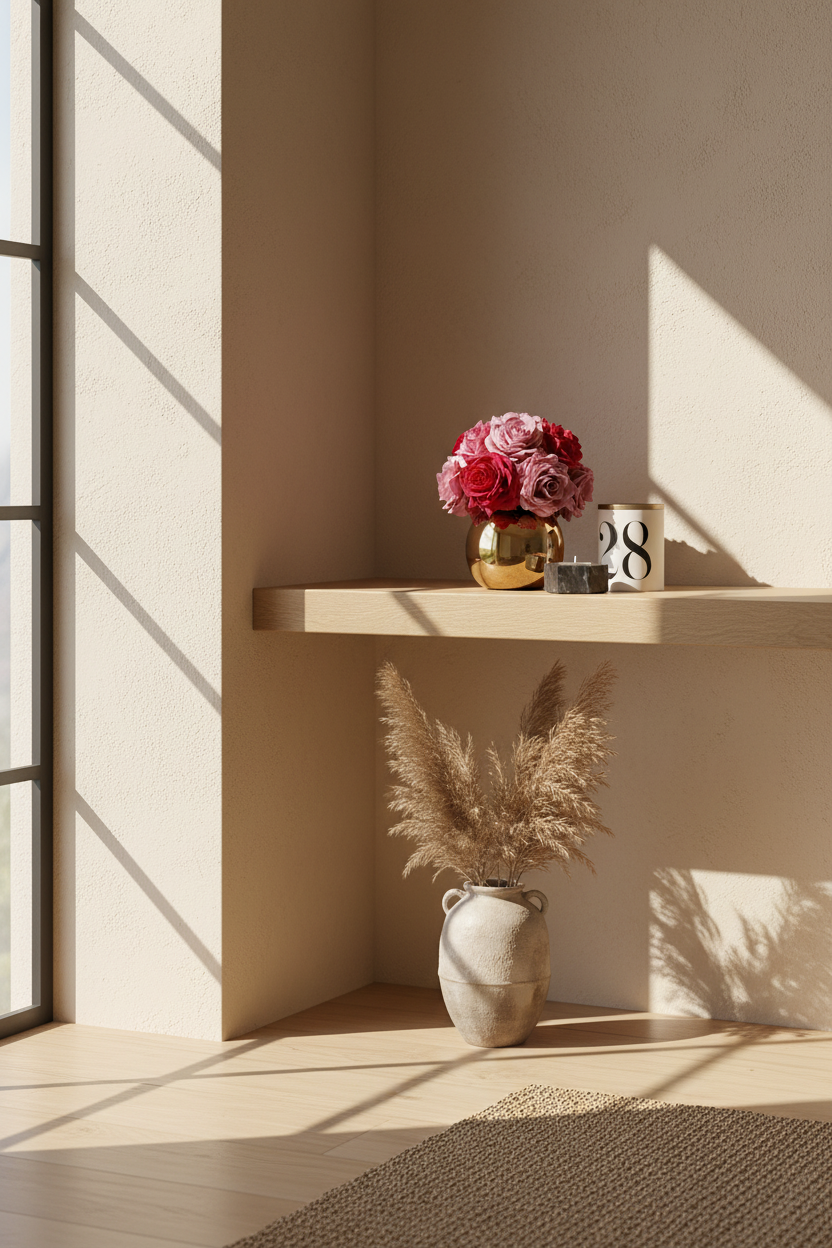 A styled interior corner with warm sunlight casting shadows on beige walls and light wood flooring. A floating shelf holds a gold vase with pink flowers and a small white calendar, while a ceramic vase with dried pampas grass sits below.