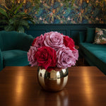 Real Touch Luxury Artificial Pink Red Rose Arrangement in Golden Pot styled in a room setting