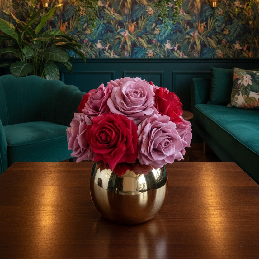 Real Touch Luxury Artificial Pink Red Rose Arrangement in Golden Pot styled in a room setting