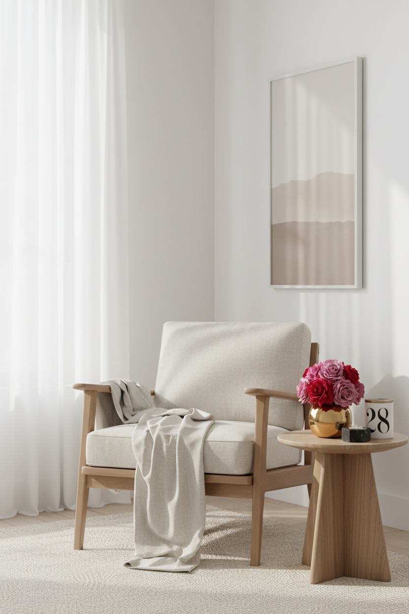 A light wood armchair with cream upholstery sits in a bright, minimalist room with sheer white curtains, a small round wooden side table holding pink flowers and a candle, and a framed abstract print on the wall.