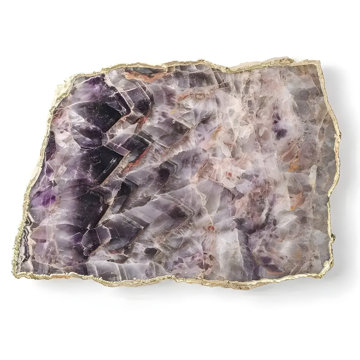 Rectangular amethyst agate cheese board with purple crystal clusters fading to pale lavender, gold-edged perimeter