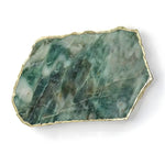 Green aventurine agate cheese board with gold trim, deep green stone with white veins, irregular slab shape