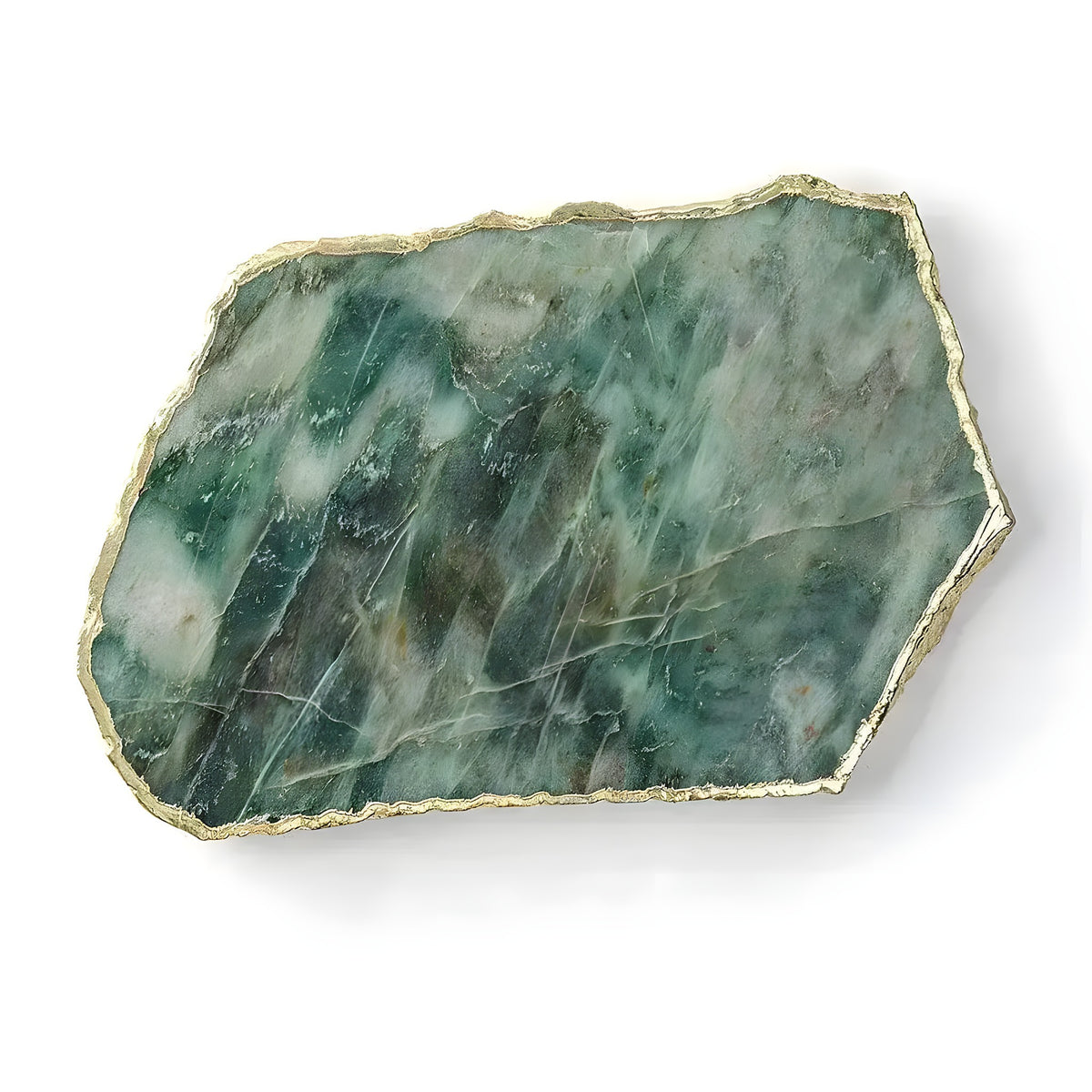 Green aventurine agate cheese board with gold trim, deep green stone with white veins, irregular slab shape