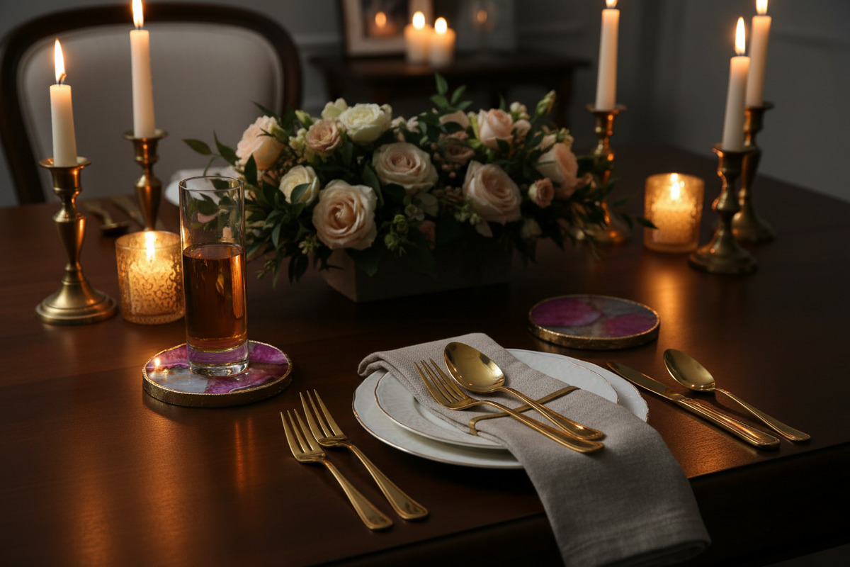 A styled dining table setting with gold flatware, white plates, a folded linen napkin, a glass of amber-colored beverage, and round marbled coasters. A floral centerpiece with cream roses and greenery sits in the background, surrounded by lit candles in brass candlesticks on a dark wood table.