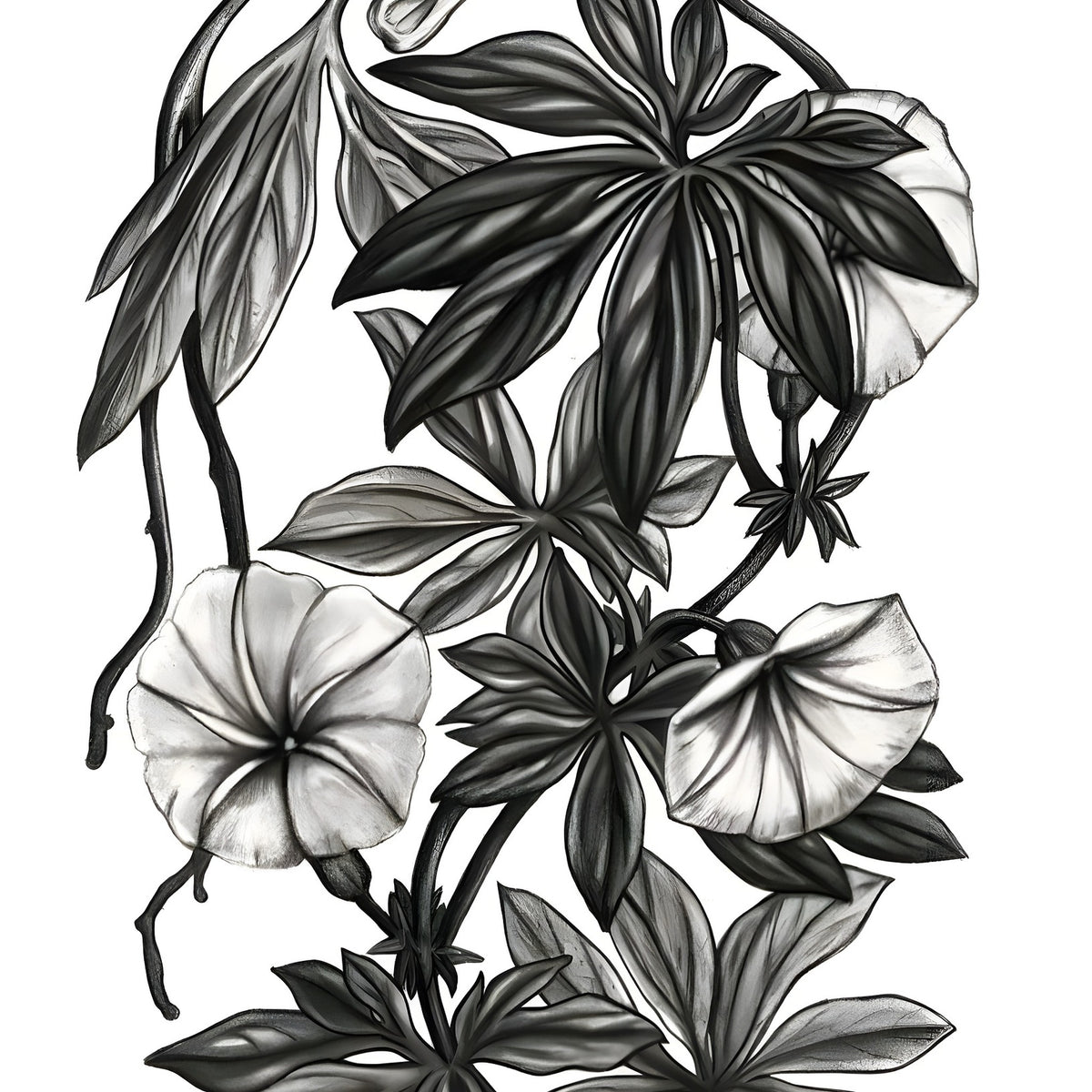 Canarina Campanula Print — black and white botanical vine with palmate leaves and open bell flowers