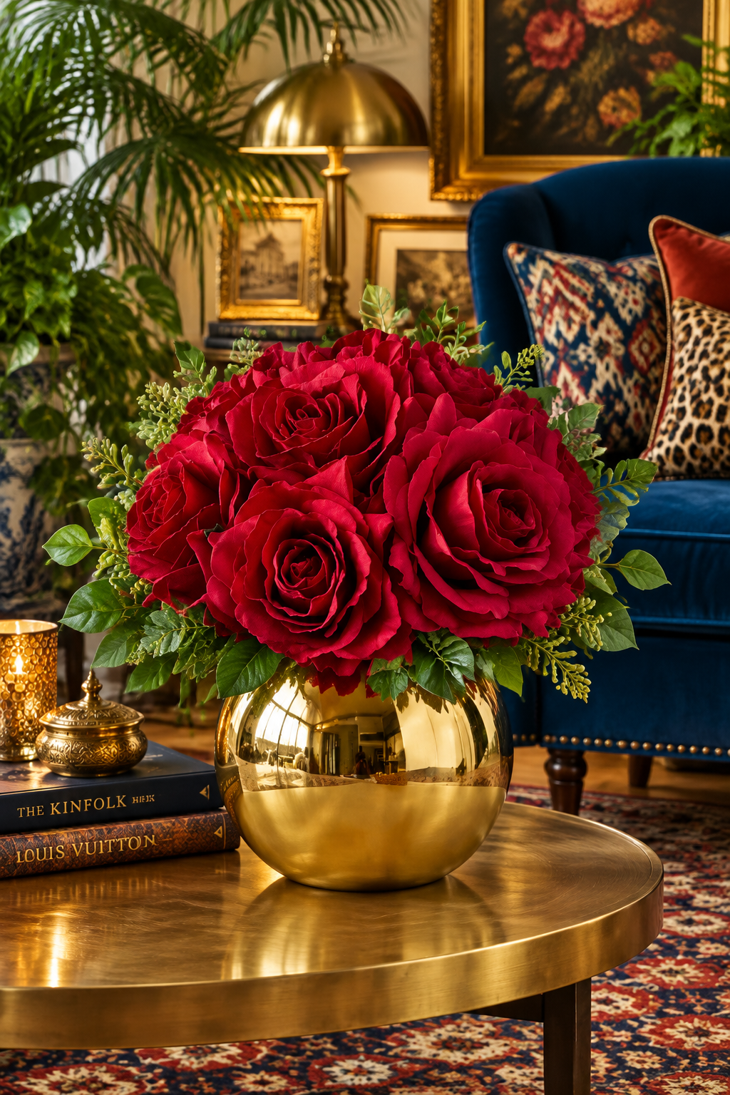 Real Touch Luxury Artificial Red Rose Arrangement in Golden Pot