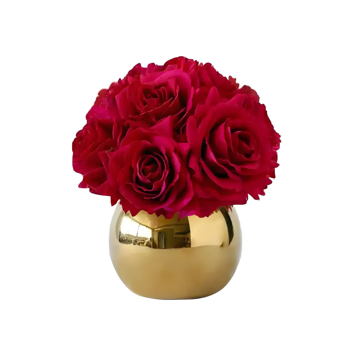 Deep red roses clustered in a round gold metallic pot, front product view on white background
