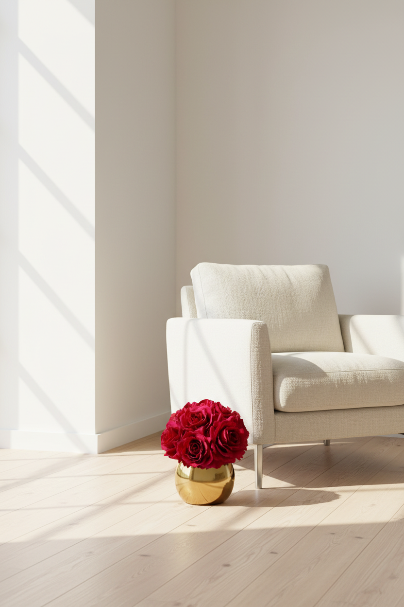 A modern off-white armchair in a bright, minimalist room with light wood floors and warm sunlight, with a small gold vase of red roses in the foreground.
