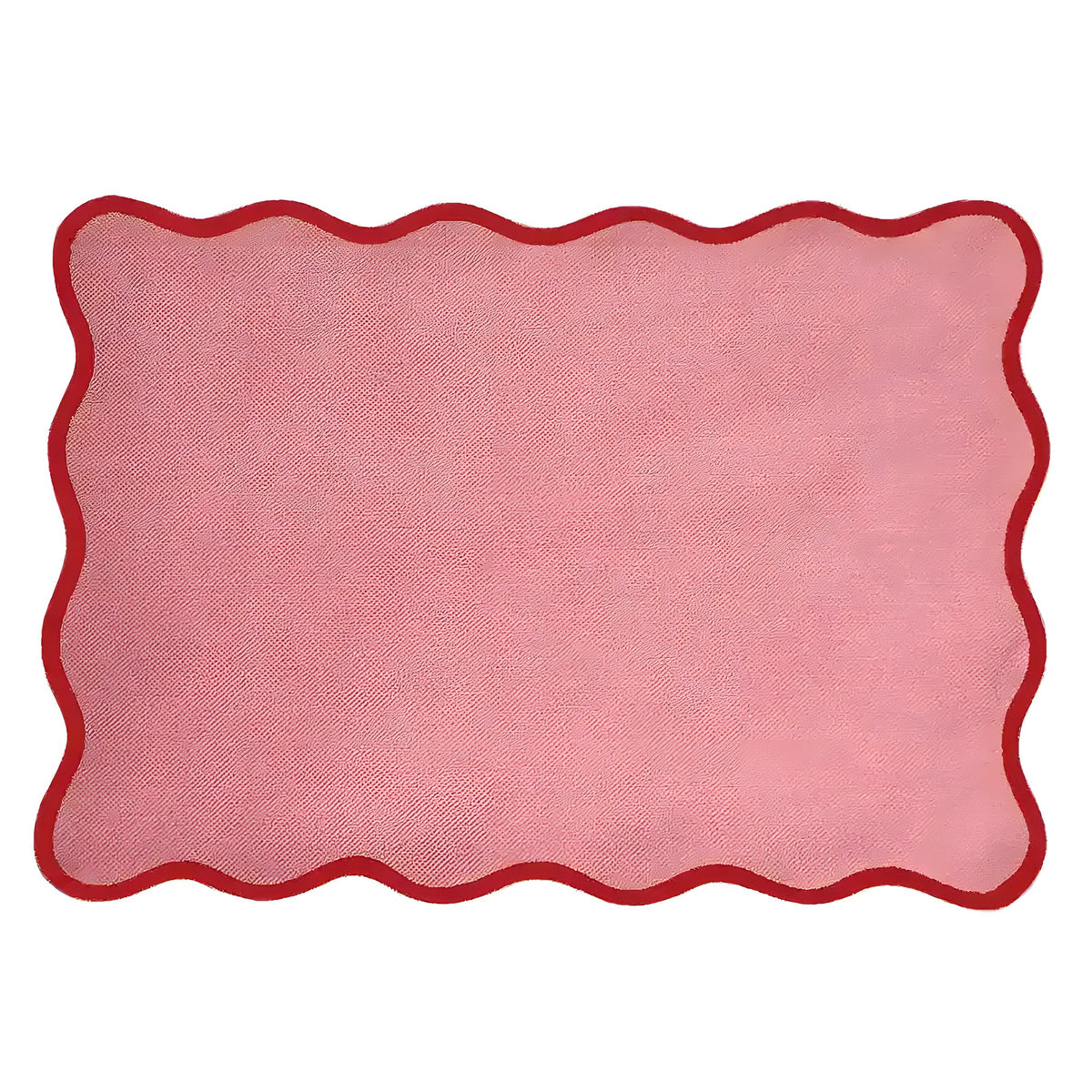 Single pink cotton scallop placemat with handmade red wavy border — blush pink rectangular placemat, flat view