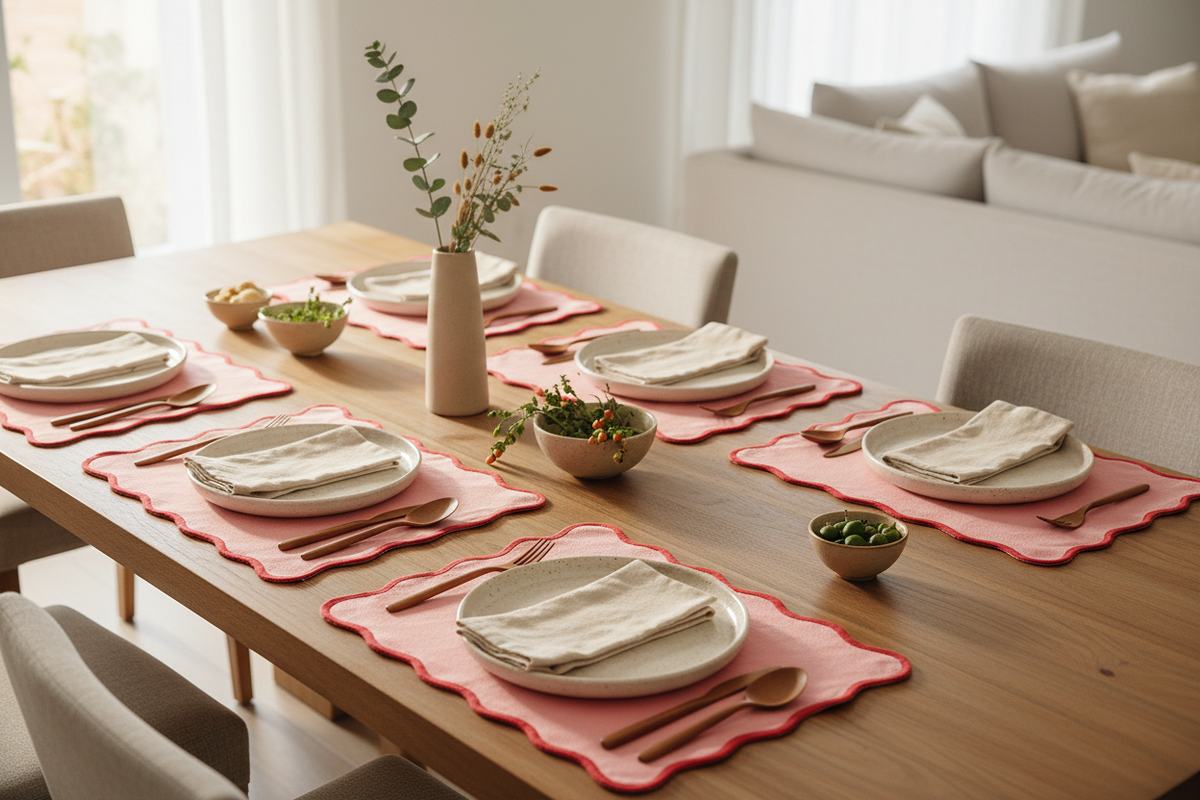 A styled dining table set for six in a bright, modern dining room. The table is arranged with pink scalloped placemats, white plates, beige napkins, silver cutlery, and small decorative bowls. A central beige vase holds a dried floral stem.
