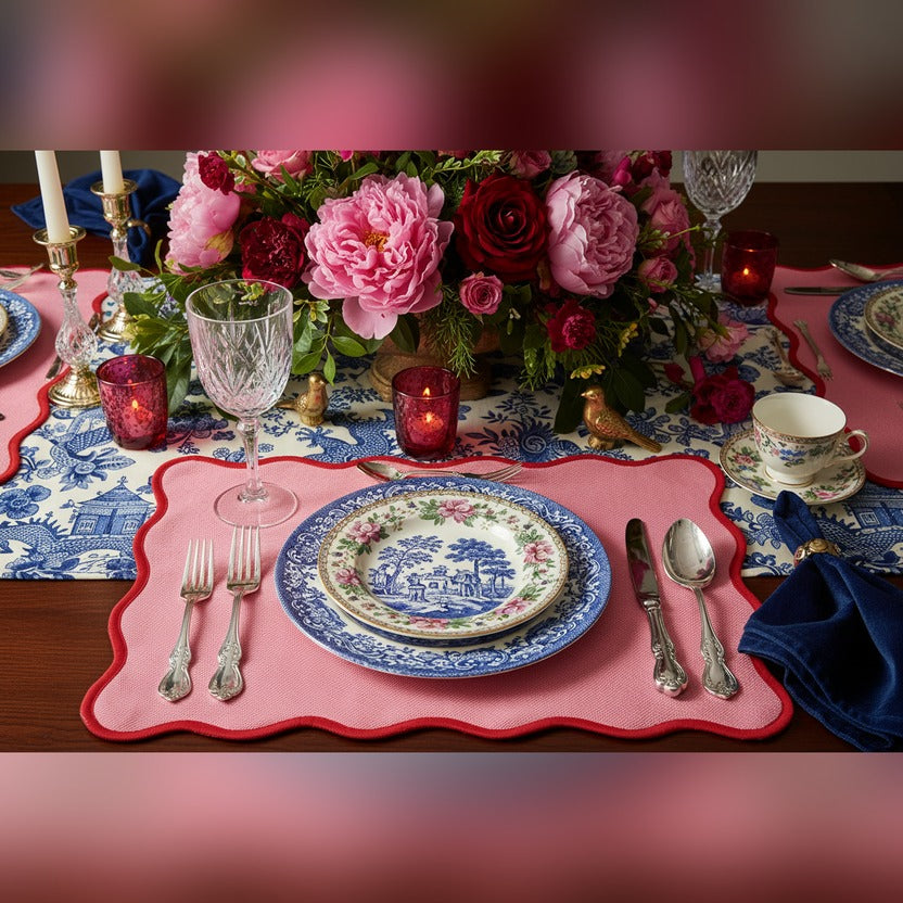 Handmade Cotton Red Bordered Pink Scallop Placemats - Set of 8 styled in a room setting