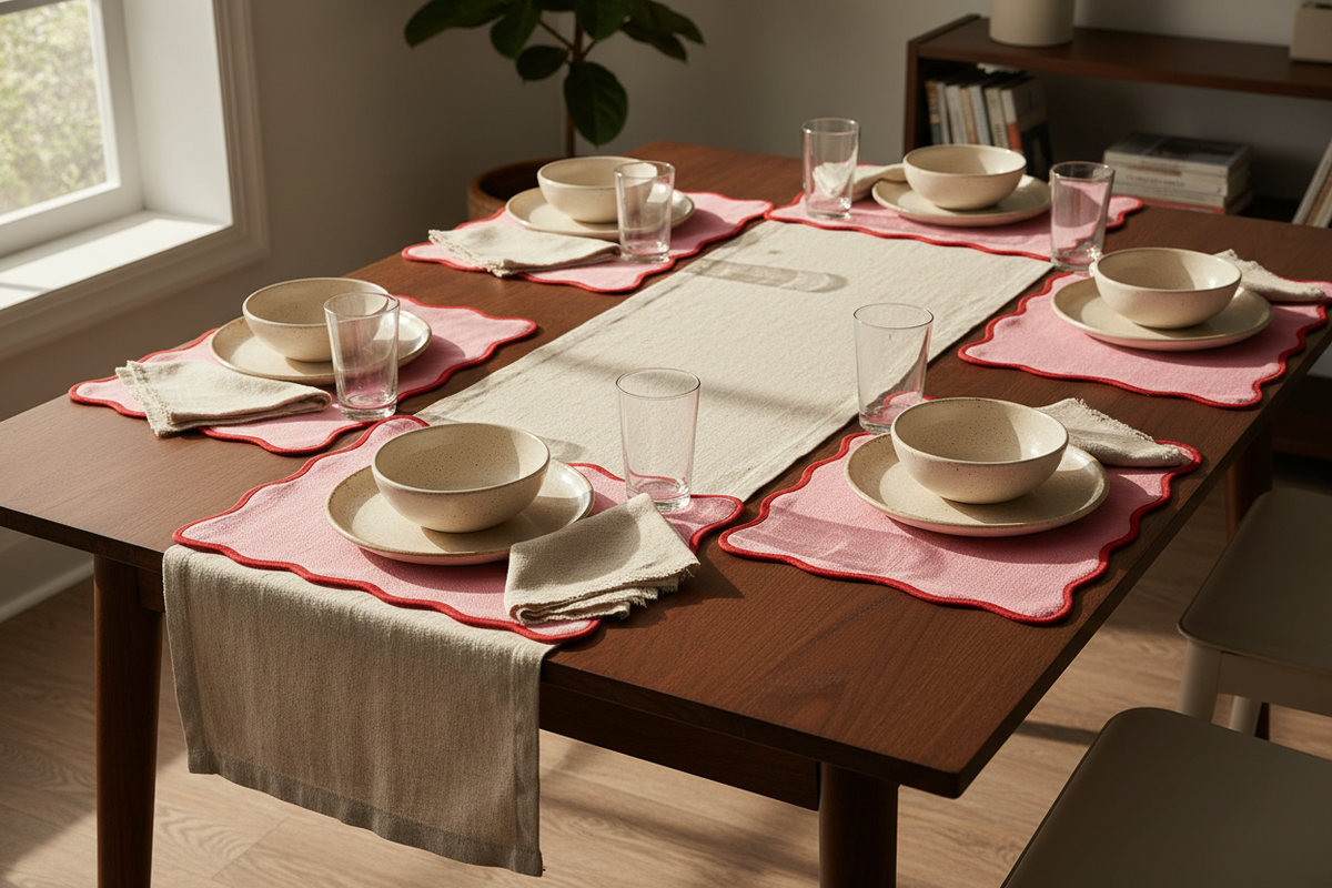 A styled dining table set for six with beige ceramic bowls and plates, clear drinking glasses, folded cream napkins, and pink scalloped placemats, arranged on a medium-brown wooden table in a bright room.