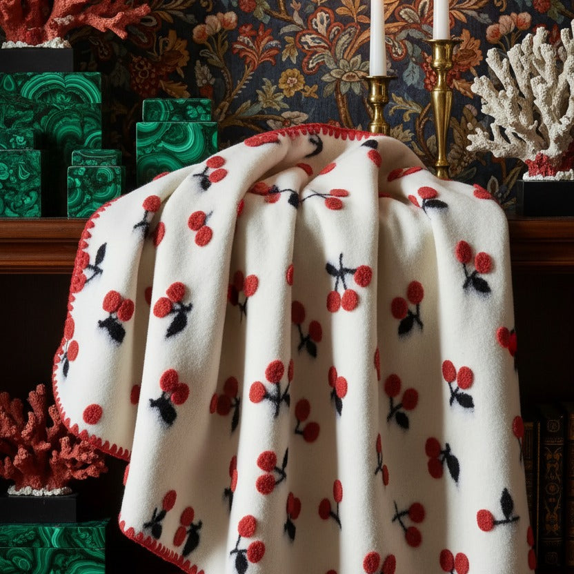 Popping Red Cherry Throw Blanket styled in a room setting