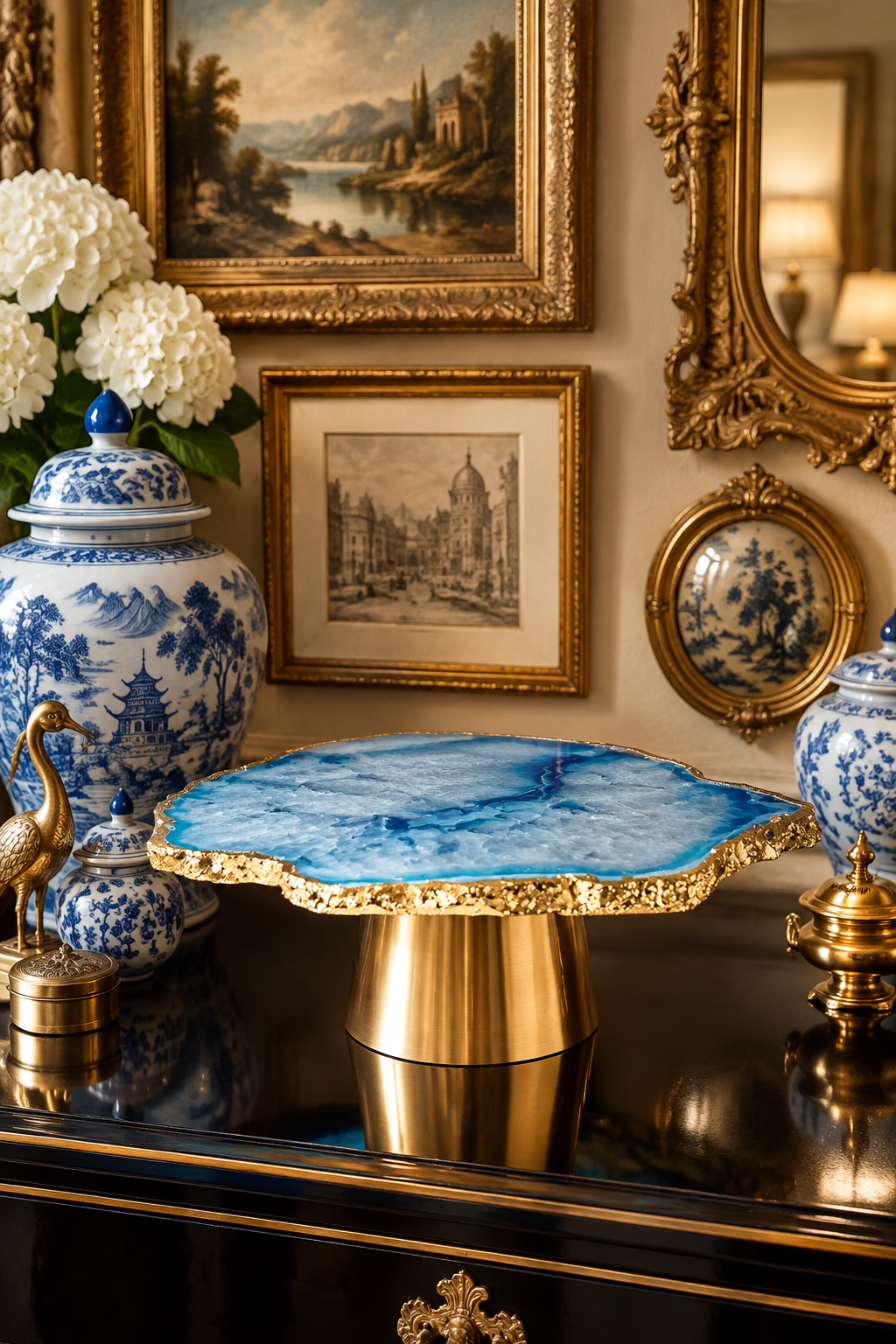 Blue Agate Cake Stand with Gold Base