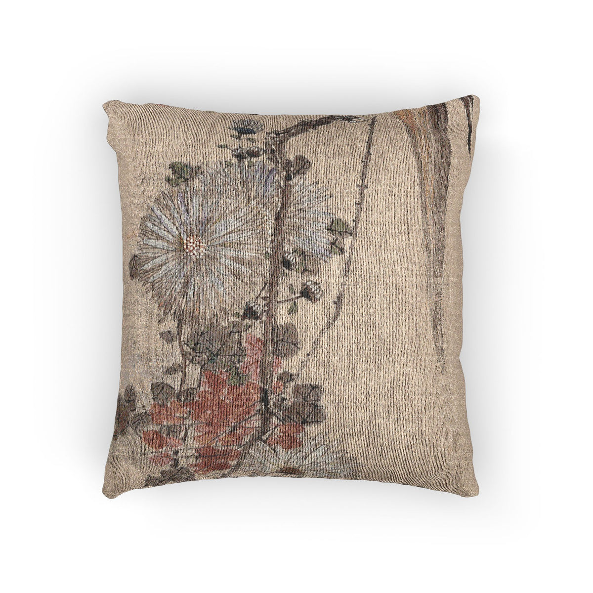 050_parrot-and-chrysanthemums | Woven Pillow - MAIA HOMES