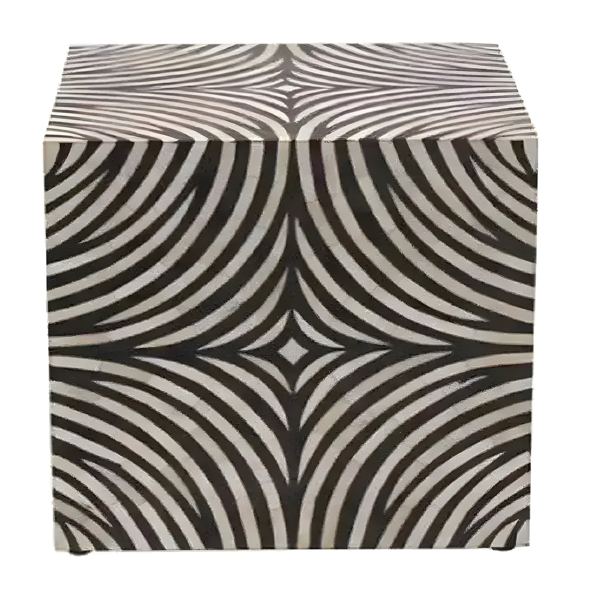 Handmade Modern Zebra Pattern Wooden Side End Table with cube shape and black and white swirl pattern