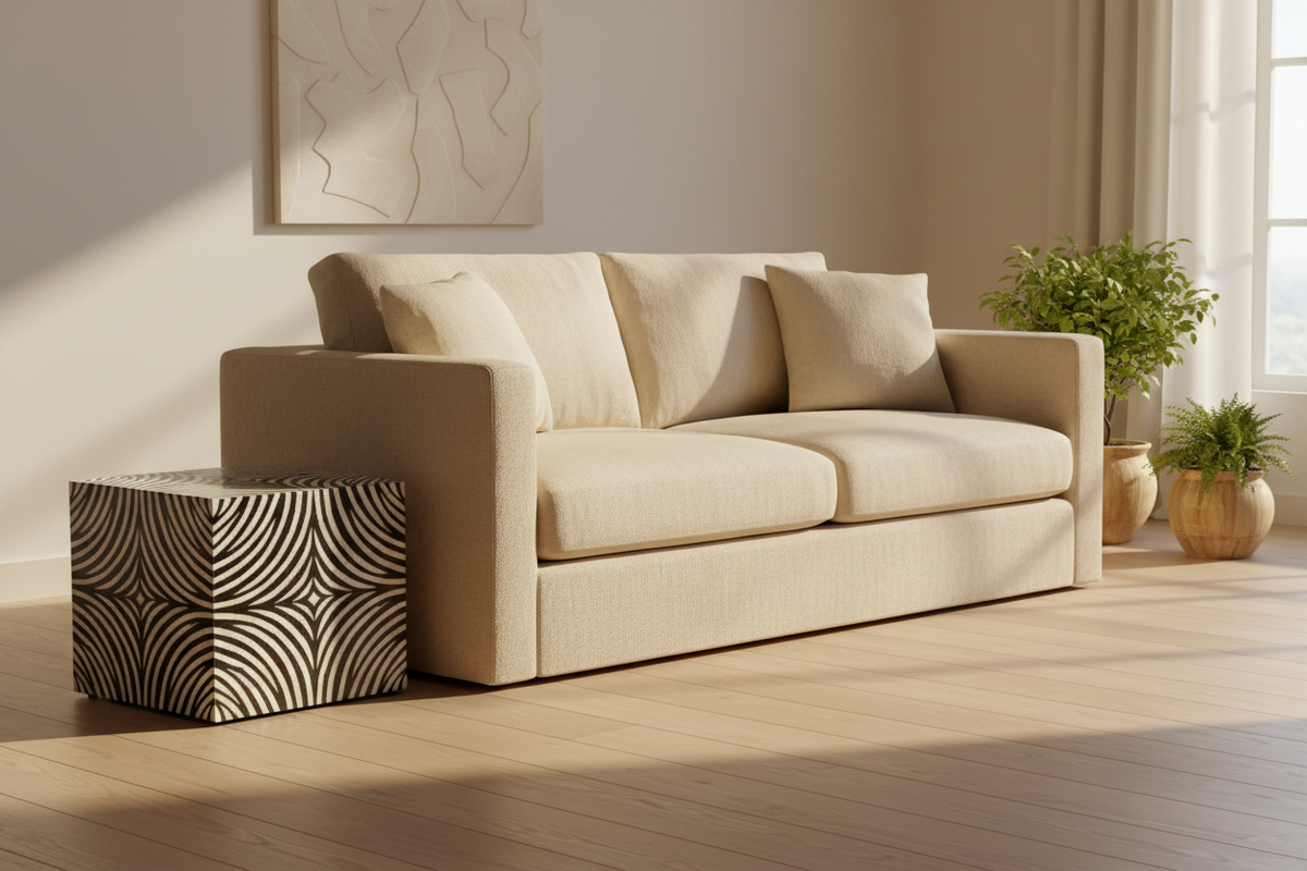 A modern beige fabric sofa with three matching throw pillows, styled in a bright, sunlit room next to a patterned cube side table and potted plants.