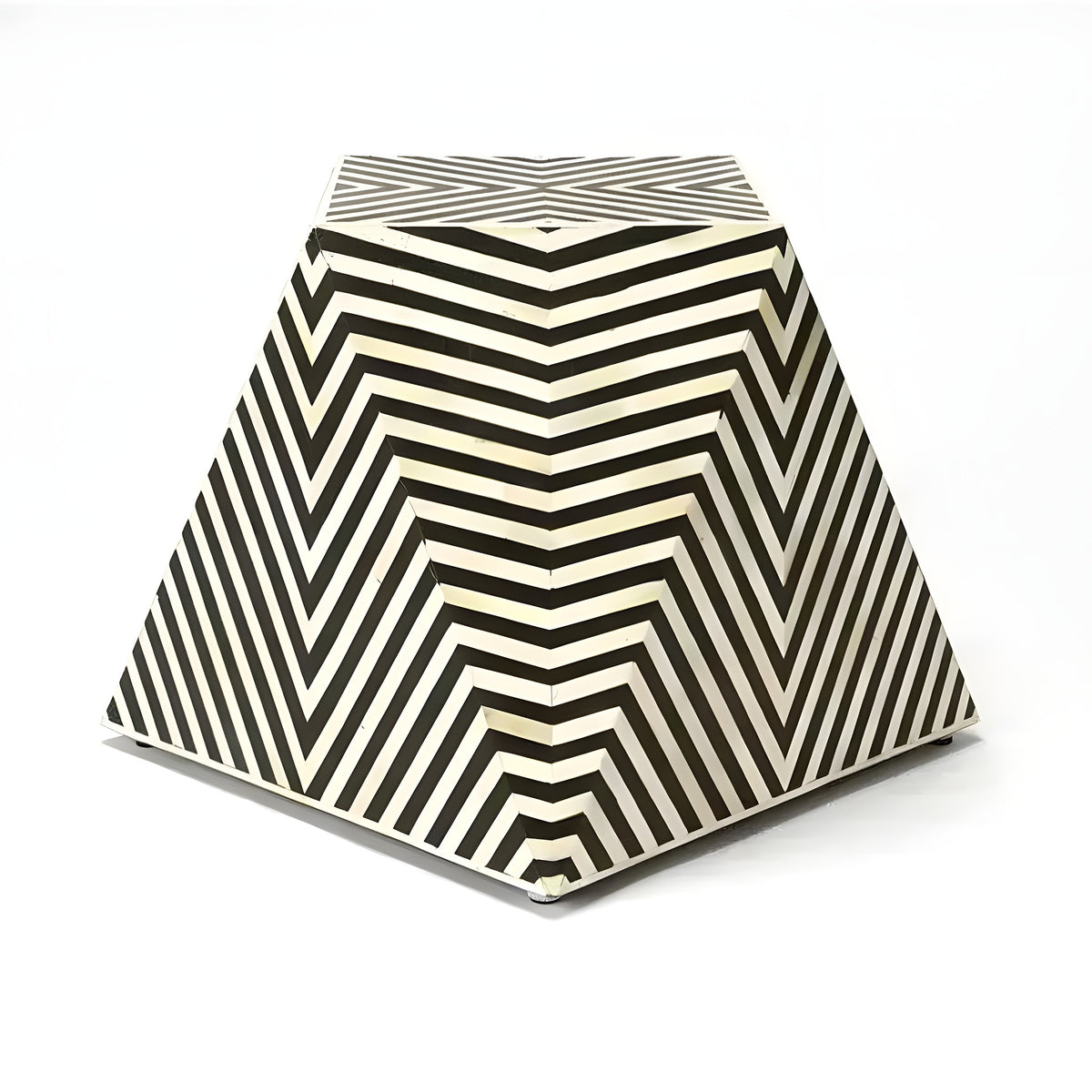 Bone Inlay Wooden Zig Zag Pattern End Table — pyramidal accent table with bold black-cream chevron bone inlay