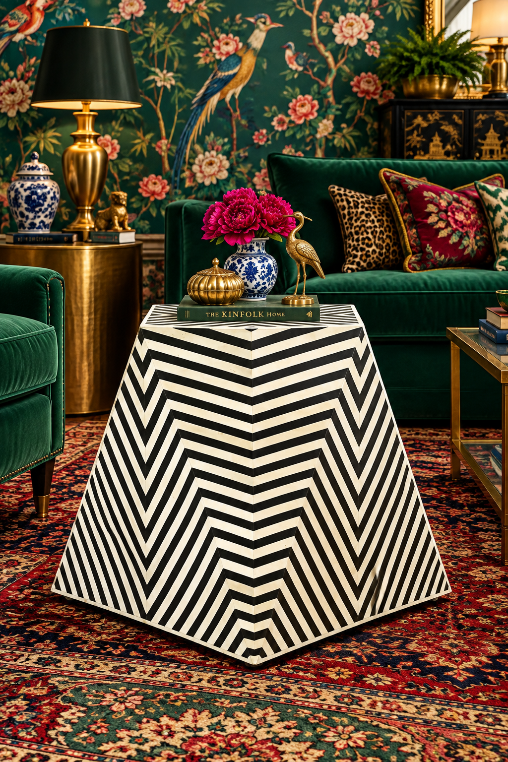 Bone Inlay Wooden Zig Zag Pattern End Table