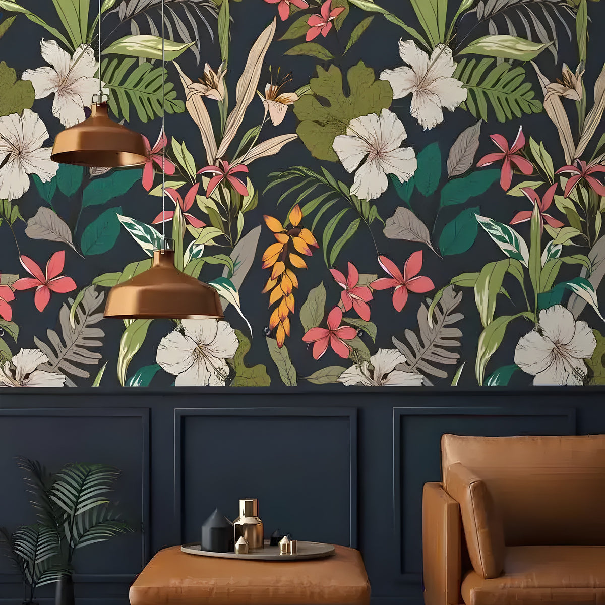 Tropical wallpaper with bright pink, coral, and white florals and green palm leaves on a dark navy background in a living room setting.