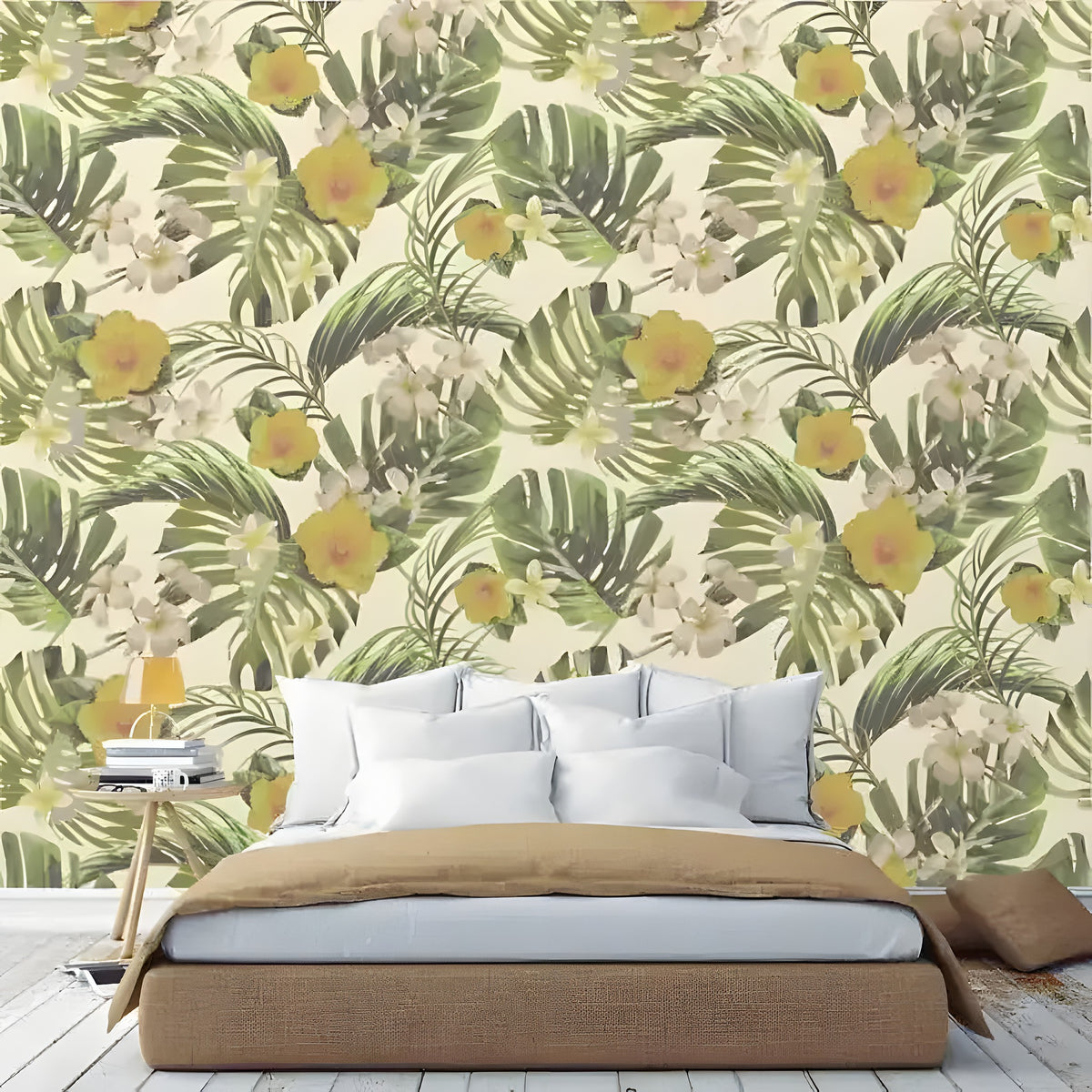 Tropical monstera wallpaper with green palms, yellow hibiscus, and plumeria on cream, installed in bedroom