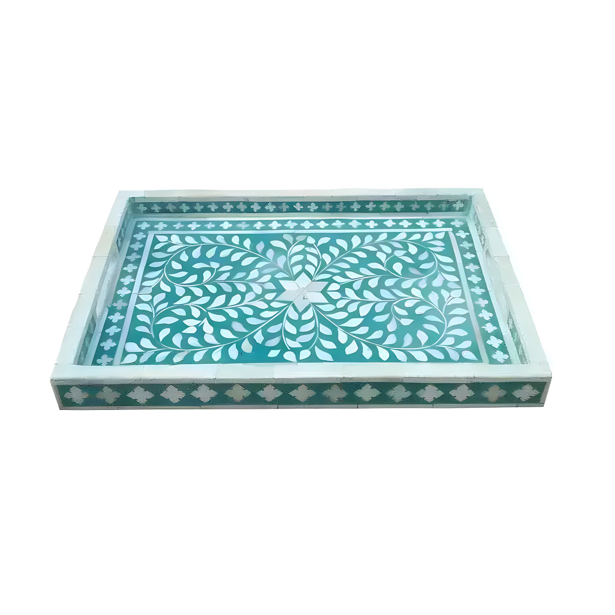 Rectangular bone inlay decorative tray with teal ground and white floral vine pattern, cross border