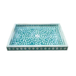 Rectangular bone inlay decorative tray with teal ground and white floral vine pattern, cross border