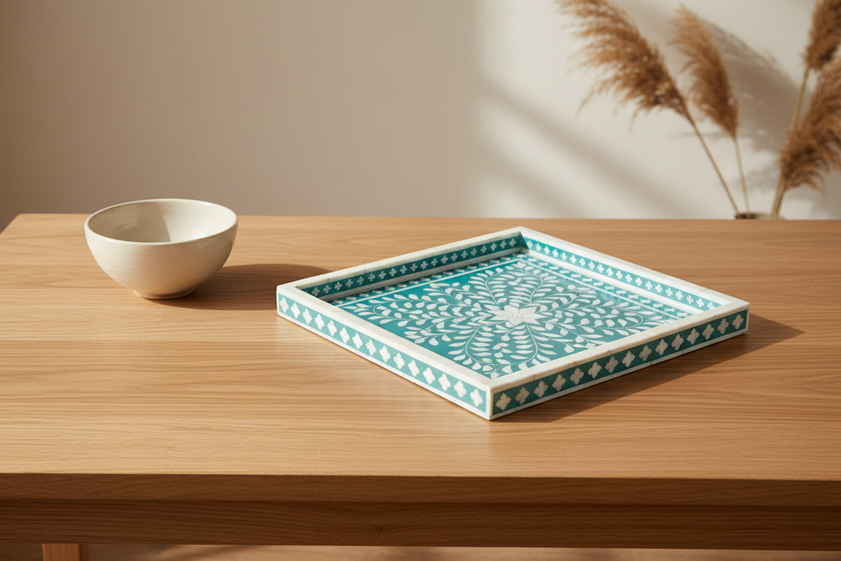 A square decorative tray with a turquoise and white floral pattern sits on a light wood table next to a small white bowl, with warm sunlight casting shadows in the background.