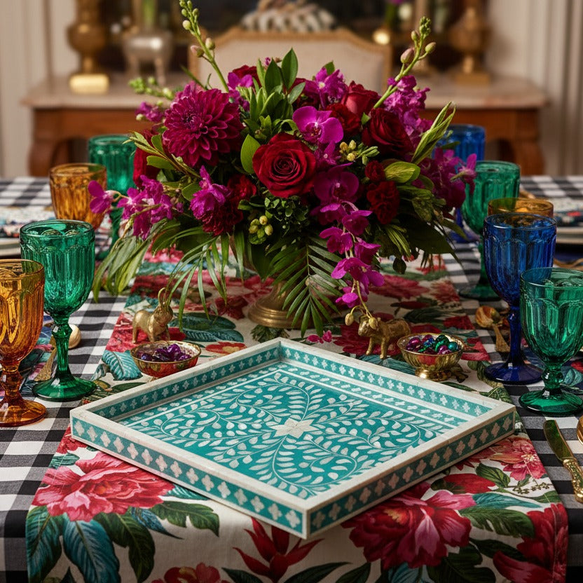 Bone Inlay Floral Geometric Decorative Tray styled in a room setting