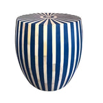 Bone inlay blue and white striped round end table — barrel shape, vertical stripe sides to top