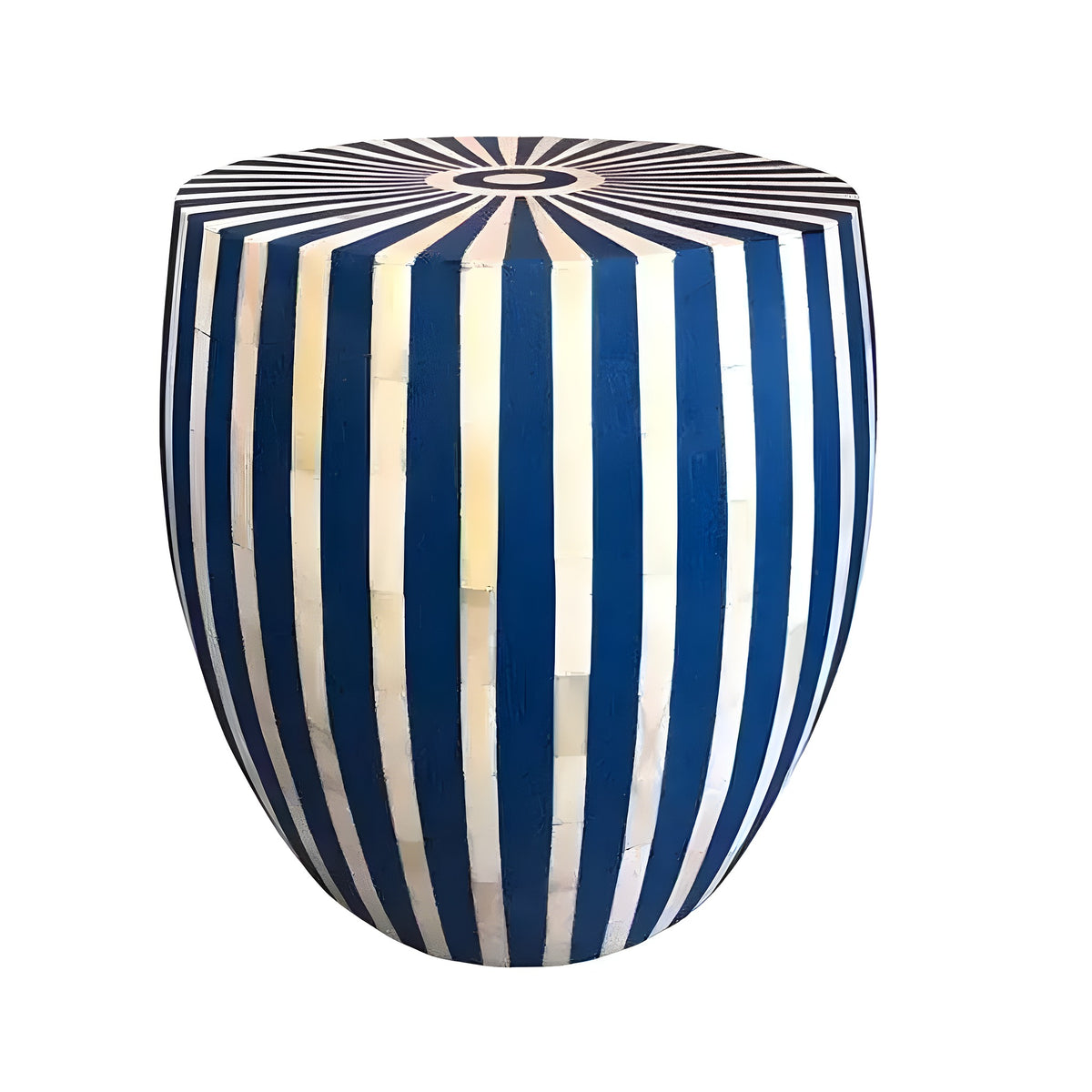 Bone inlay blue and white striped round end table — barrel shape, vertical stripe sides to top