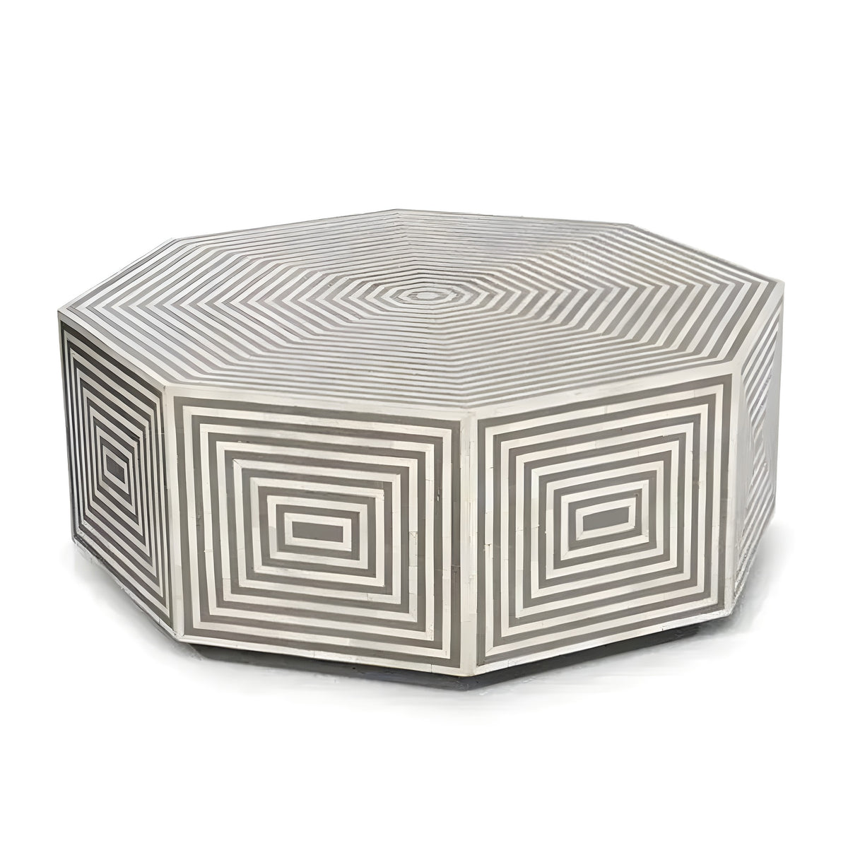 Handmade Bone Inlay Illusion Optical Modern Stripes Coffee Table — octagonal black and white stripe inlay