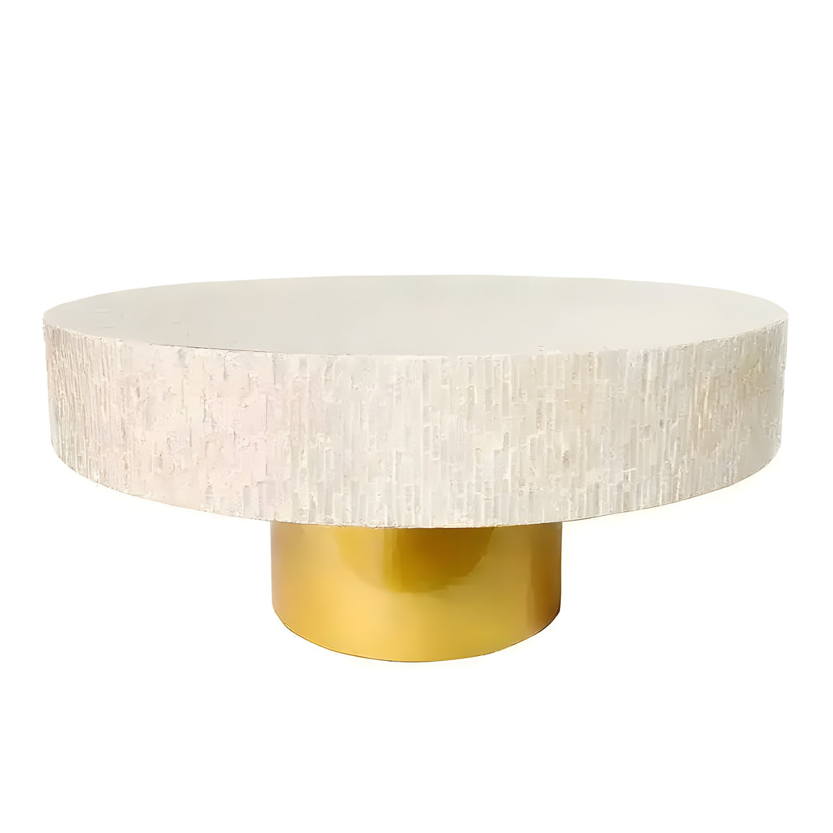 Round mother of pearl coffee table with white iridescent mosaic top and cylindrical gold pedestal base