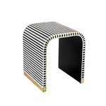 Handmade bone inlay wooden waterfall accent table — arch U-form, black/white diagonal stripes, brass feet