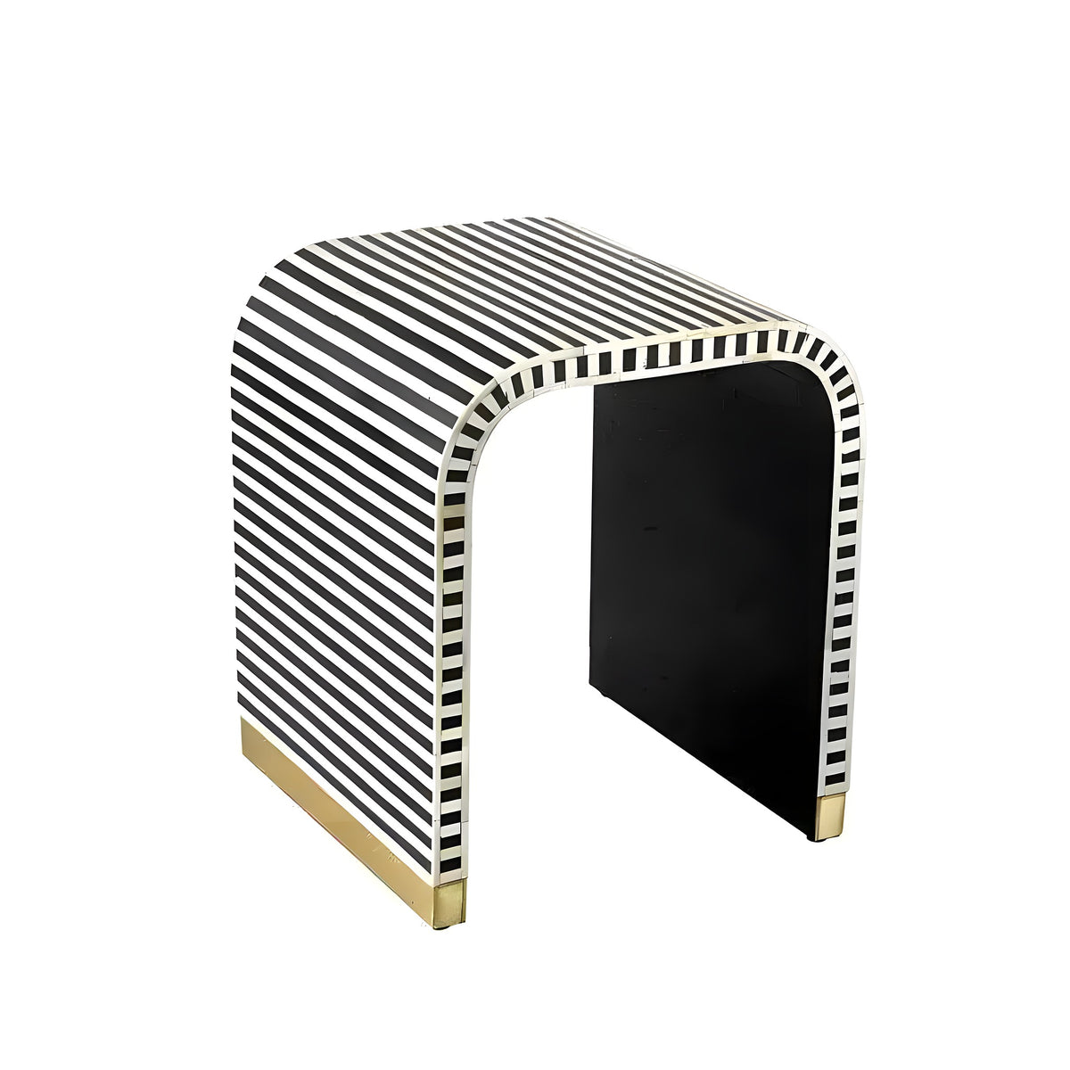 Handmade bone inlay wooden waterfall accent table — arch U-form, black/white diagonal stripes, brass feet