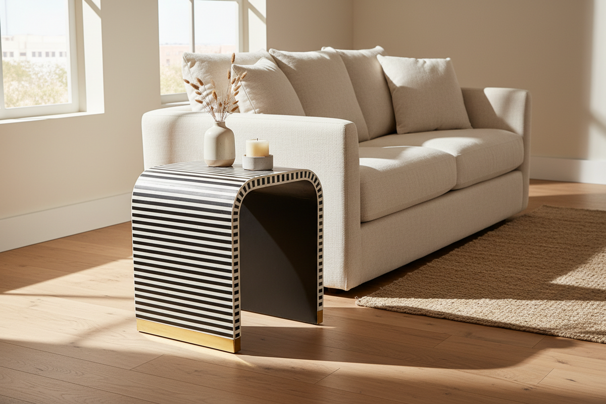 A modern side table with a black and white striped pattern and a gold base, styled in a bright living room next to a cream-colored sofa.