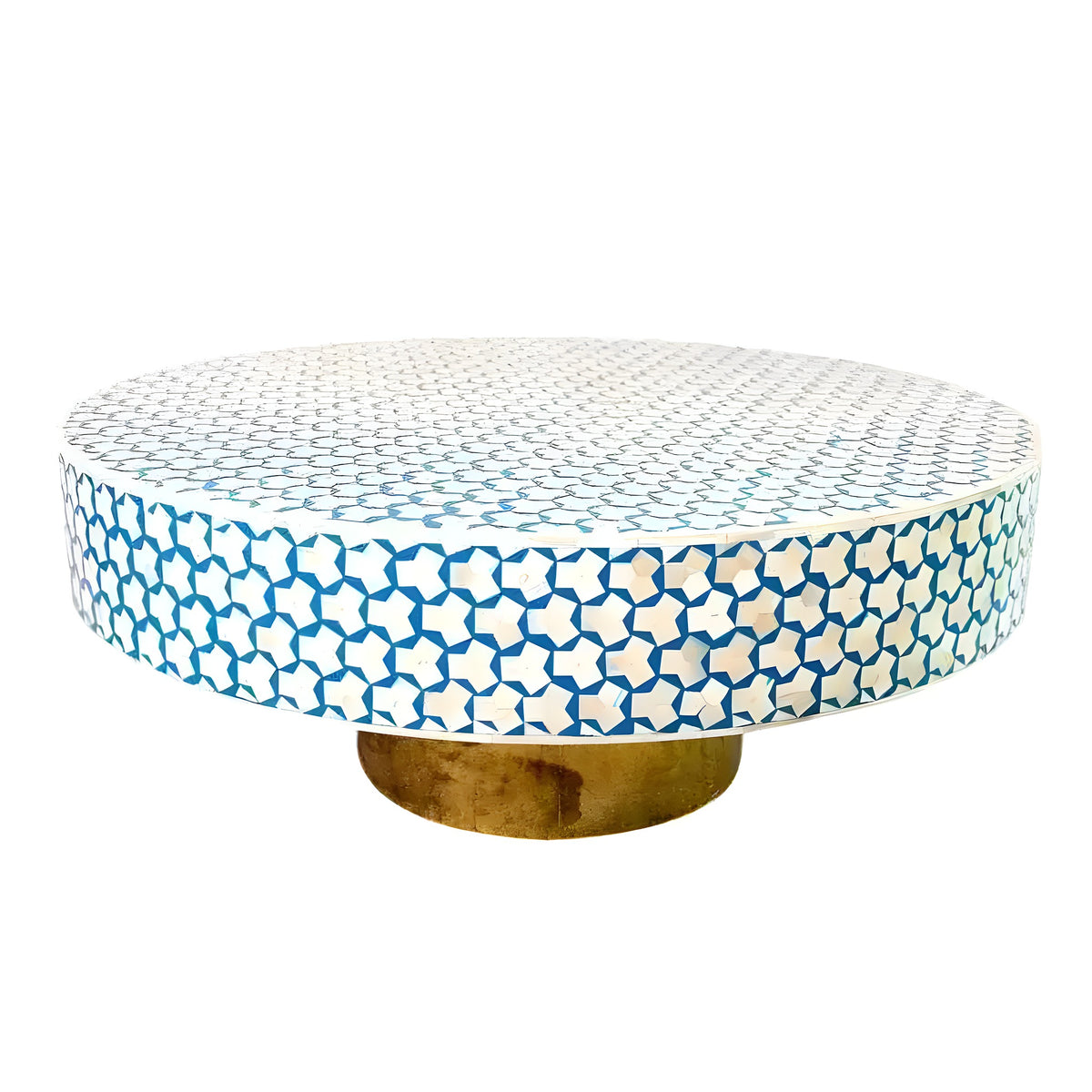 Blue Bone Inlay Brass Leg Round Coffee Table with a star-patterned mosaic top on a cylindrical brass base