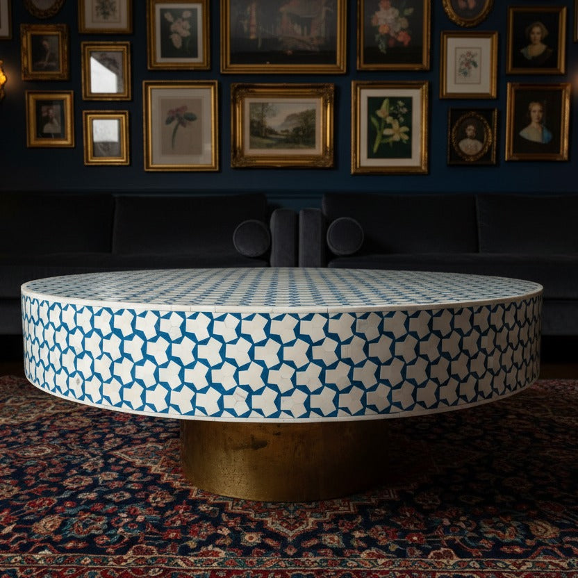 Blue Bone Inlay Brass Leg Round Coffee Table styled in a room setting