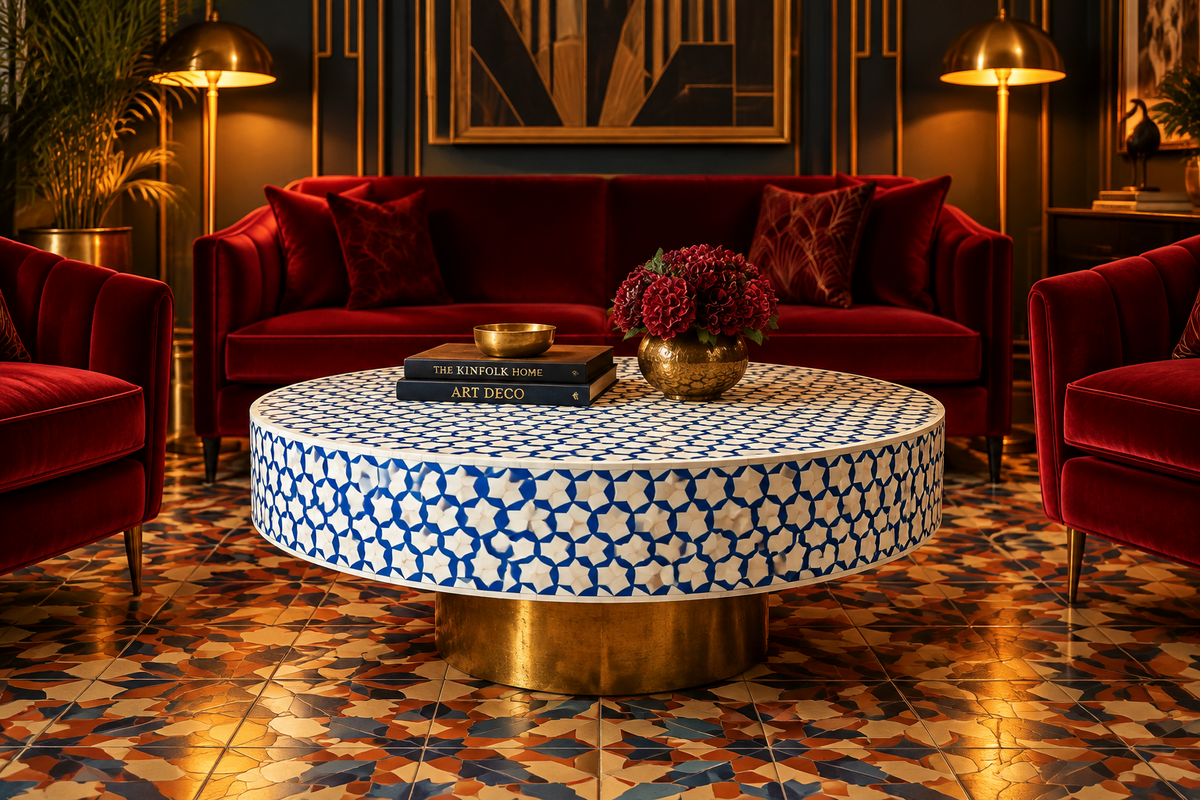 Blue Bone Inlay Brass Leg Round Coffee Table