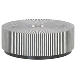 Black and White Stripe Bone Inlay Round Coffee Table with a radiating sunburst pattern and black base