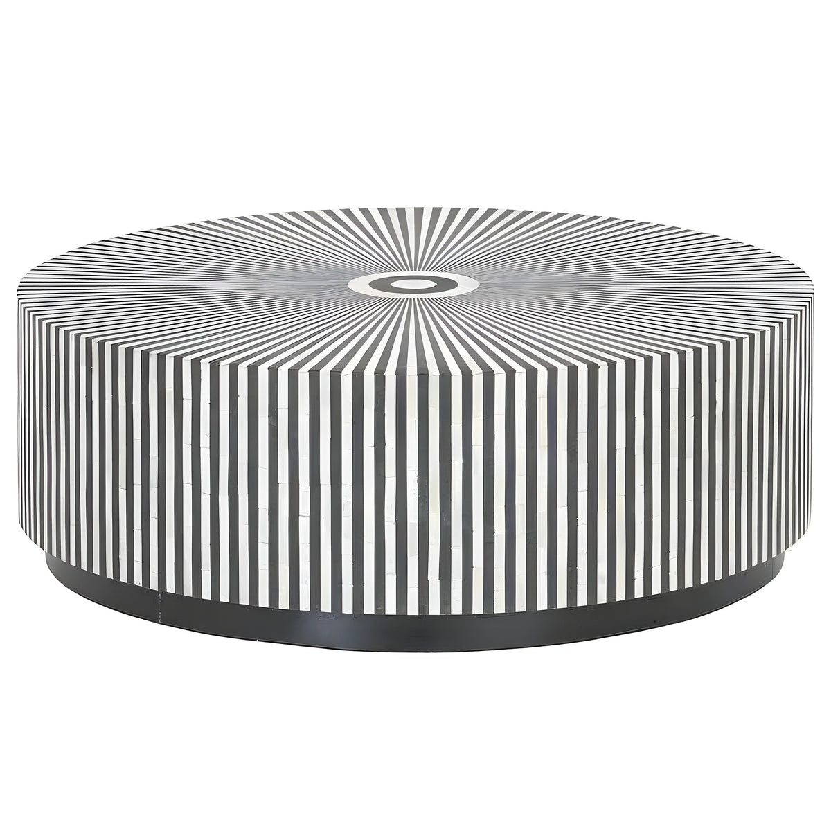 Black and White Stripe Bone Inlay Round Coffee Table with a radiating sunburst pattern and black base