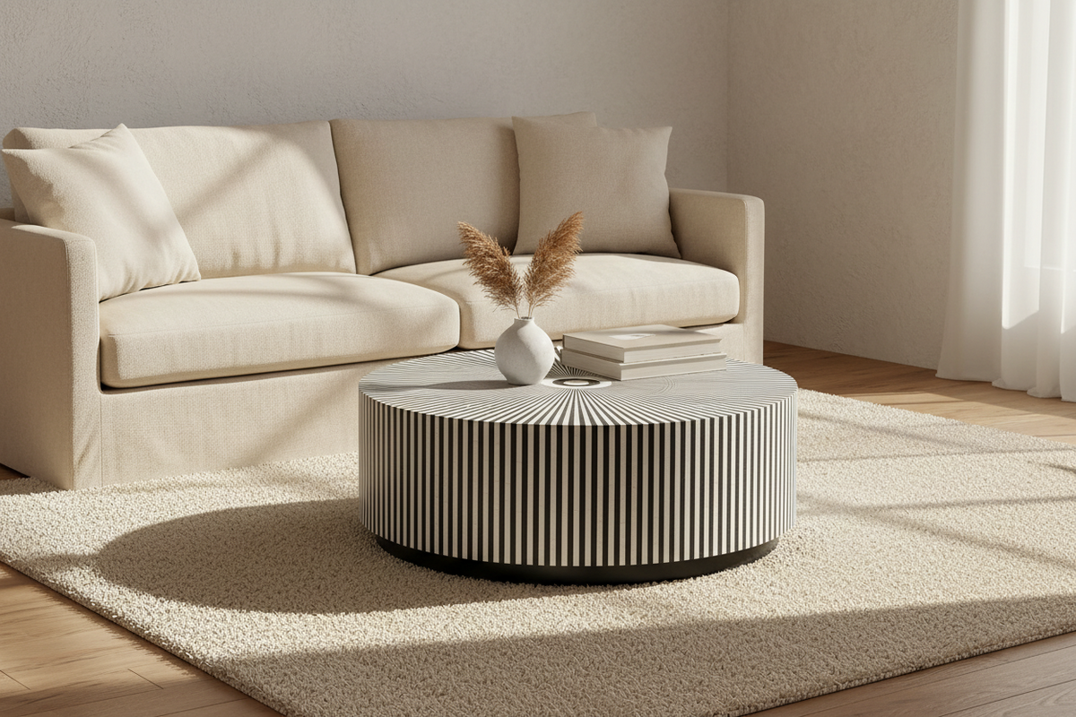 A modern round coffee table with a black and white striped ribbed base and a light gray top, styled in a minimalist living room with a beige sofa and rug.