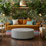 Black and White Stripe Bone Inlay Round Coffee Table styled in a room setting