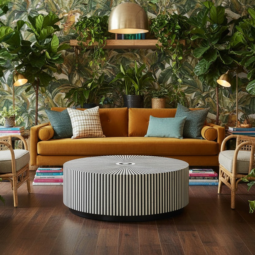 Black and White Stripe Bone Inlay Round Coffee Table styled in a room setting